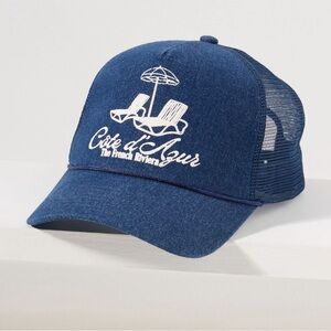 Anthropologie Coney Island Picnic Getaway Trucker Hat Navy Blue White French